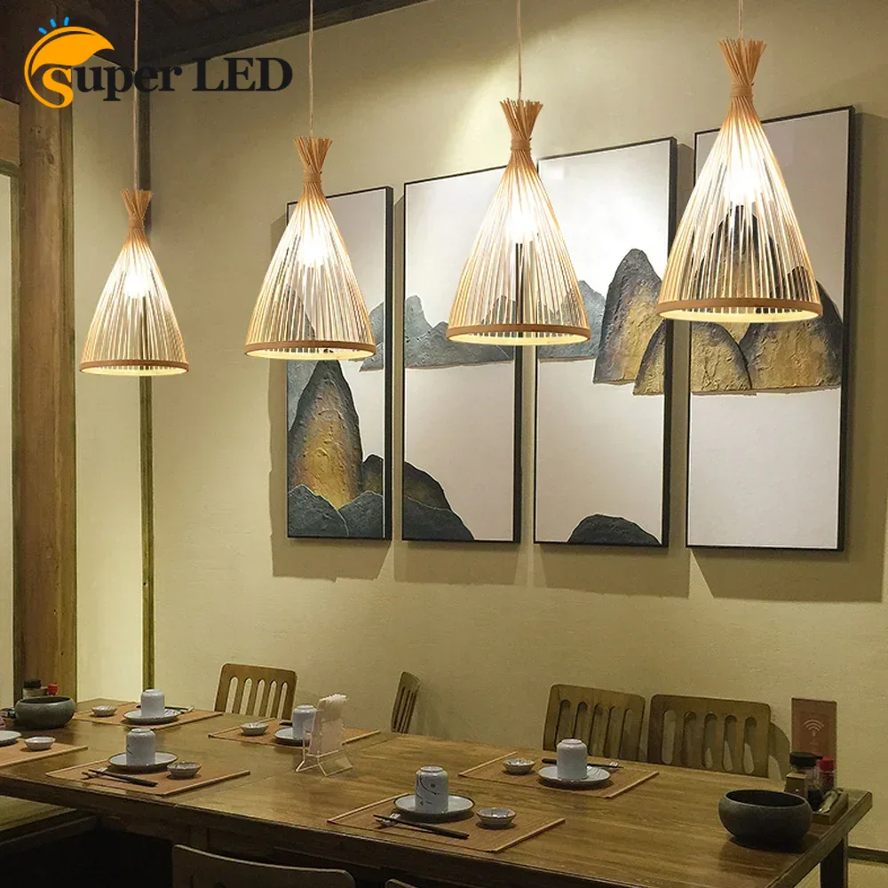 Wicker Pendant Shade - Natural Bambu Rattan LED Lustre, Abajur